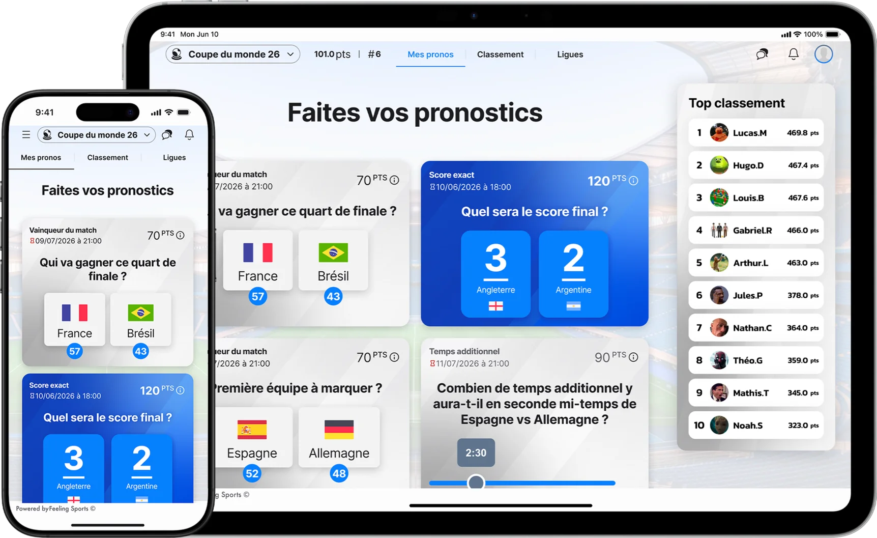 Mockup de l'application de pronostics sportifs pour la Coupe du Monde 2026