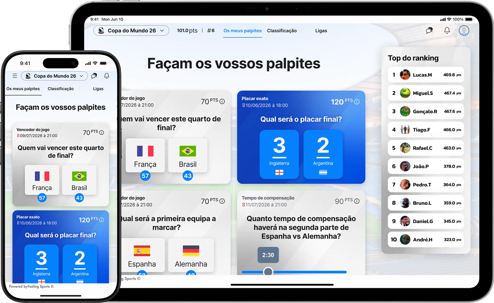 Mockup da aplicação de prognósticos desportivos para o Mundial 2026