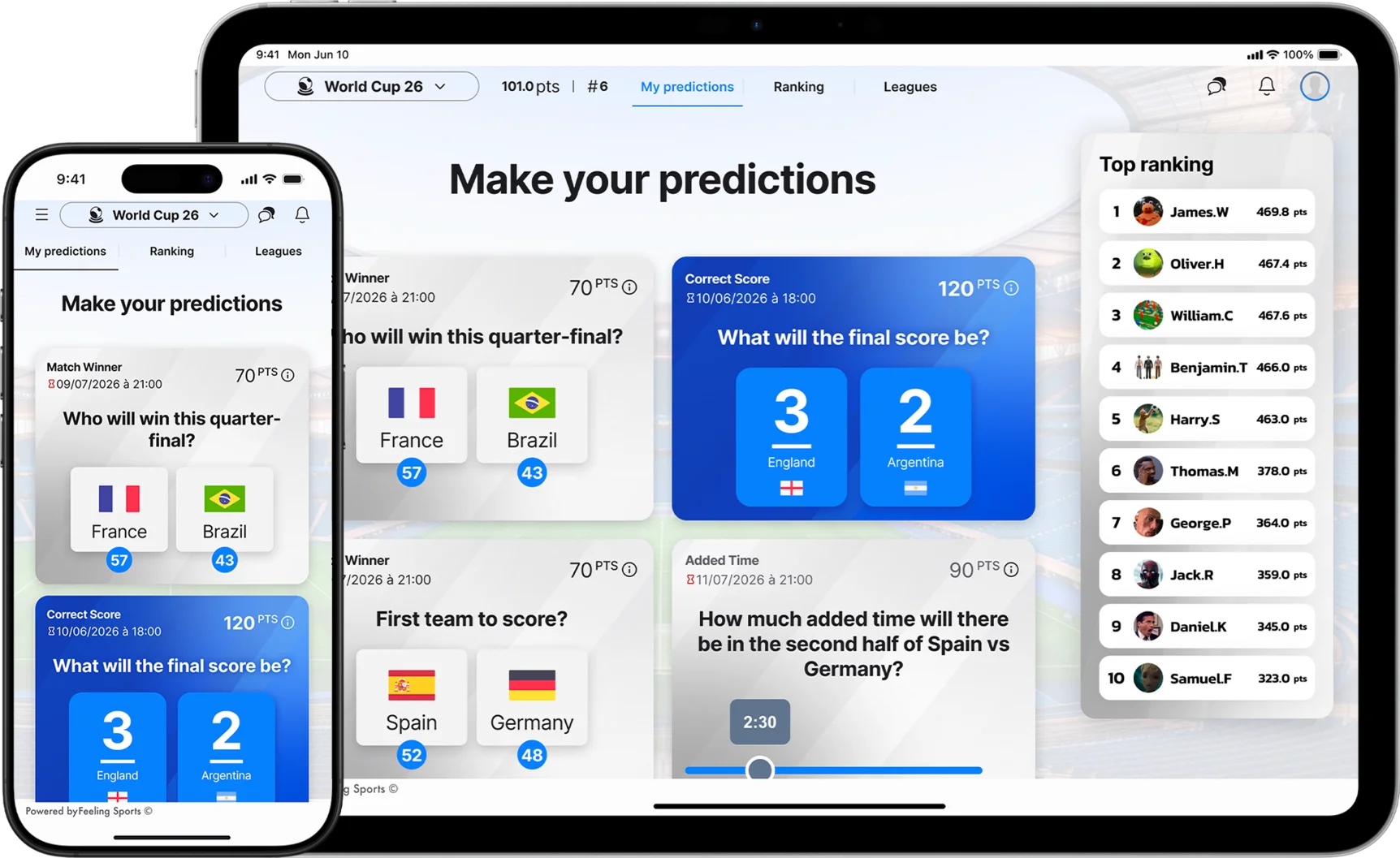 Mock-up of the sports prediction app for the 2026 World Cup